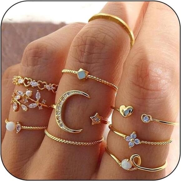Gold Stackable Rings for Women Trendy Cute Rings Stuff Boho Moon Star Trendy - Picture 1 of 5